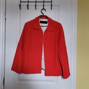 Zara blazer red open jacket pockets textured fabric spring summer office preppy